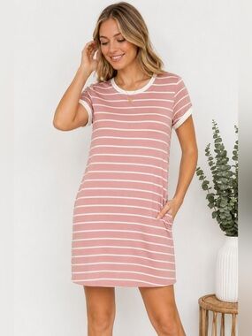 Pink Lily Rose Pink & White Striped Short Sleeve T-Shirt Dress